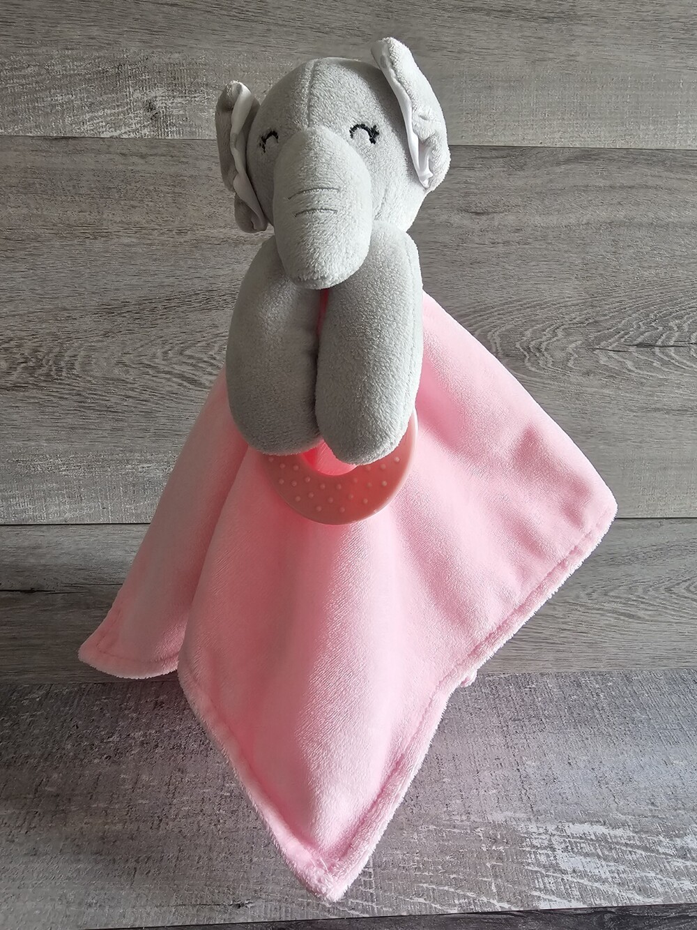 Forever Baby Pink Elephant Lovey Security Blanket Satin Back Teether Crinkle Ear